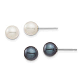 14k White Gold 6-7mm Black and White Round Freshwater Cultured Pearl 2 Pair Stud Post Earrings Set